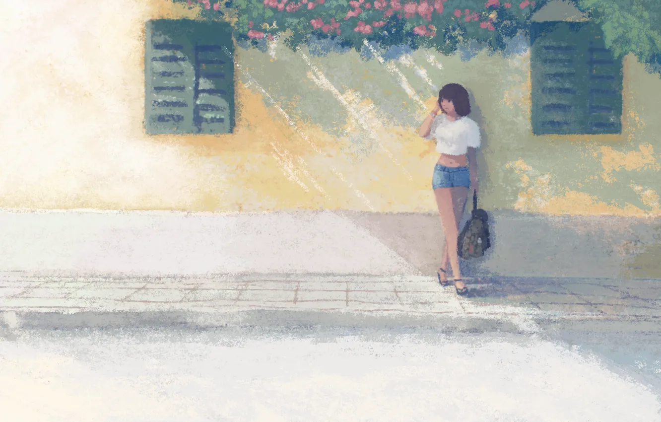 Photo wallpaper summer, girl, flowers, wall, backpack