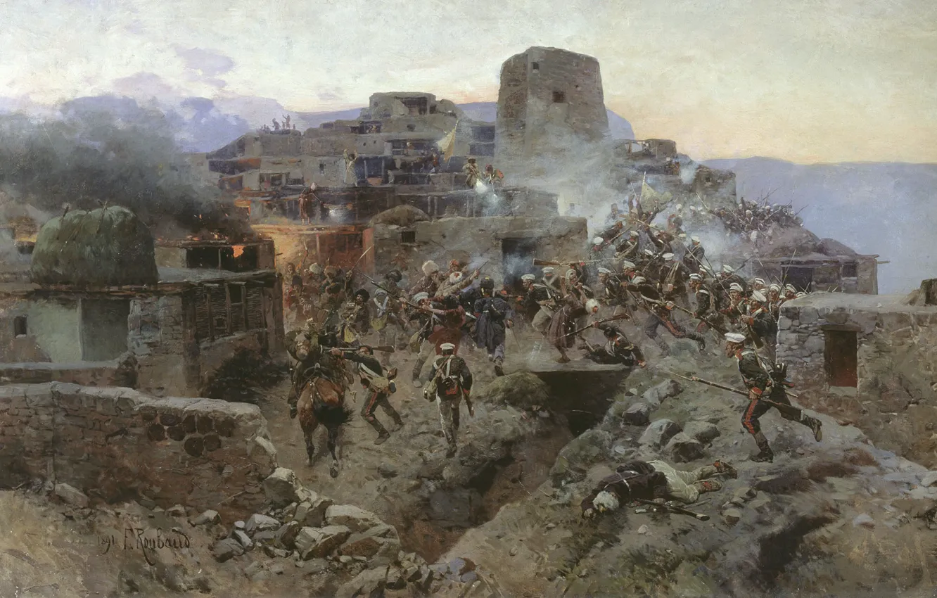 Photo wallpaper oil, Canvas, 1891, The storming of aul Gimry, Franz ROUBAUD