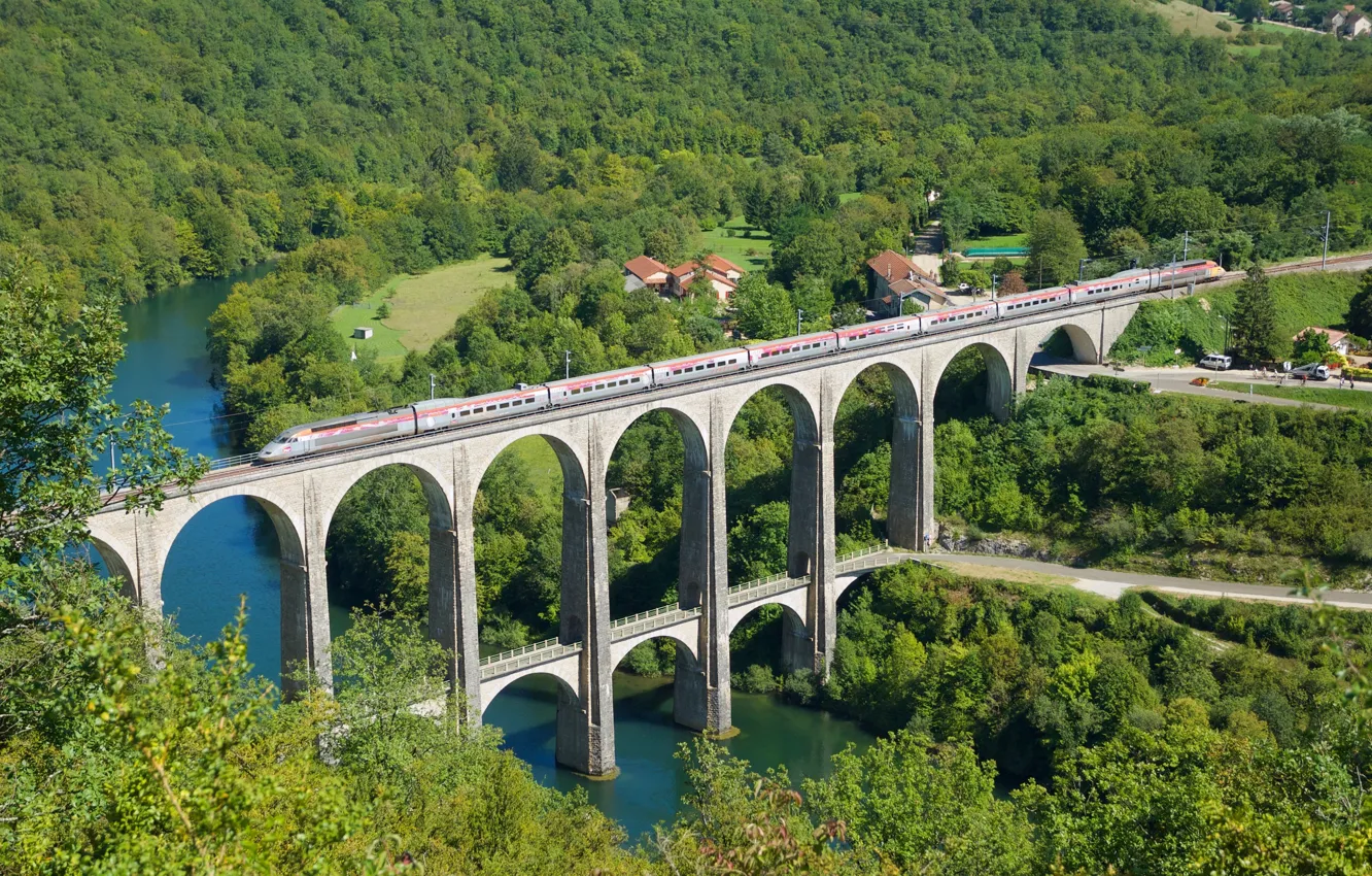 Photo wallpaper forest, bridge, river, France, train, France, viaduct, The River Ain