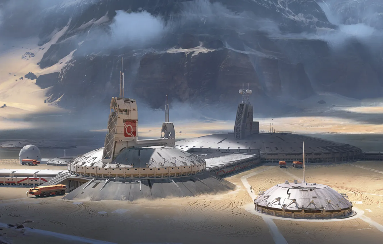 Photo wallpaper mountains, fiction, rocks, planet, base, colony