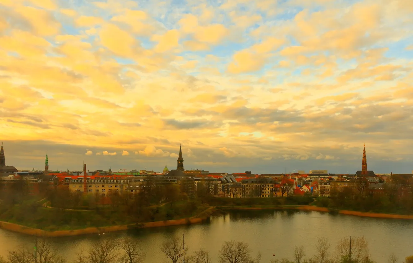 Photo wallpaper autumn, the sky, clouds, trees, the city, shore, view, building