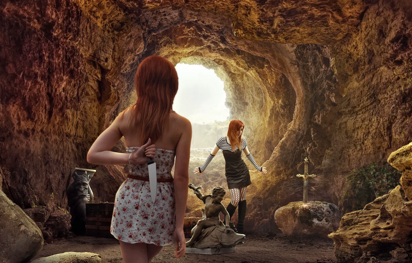 Photo wallpaper girls, cave, deceit, knife.