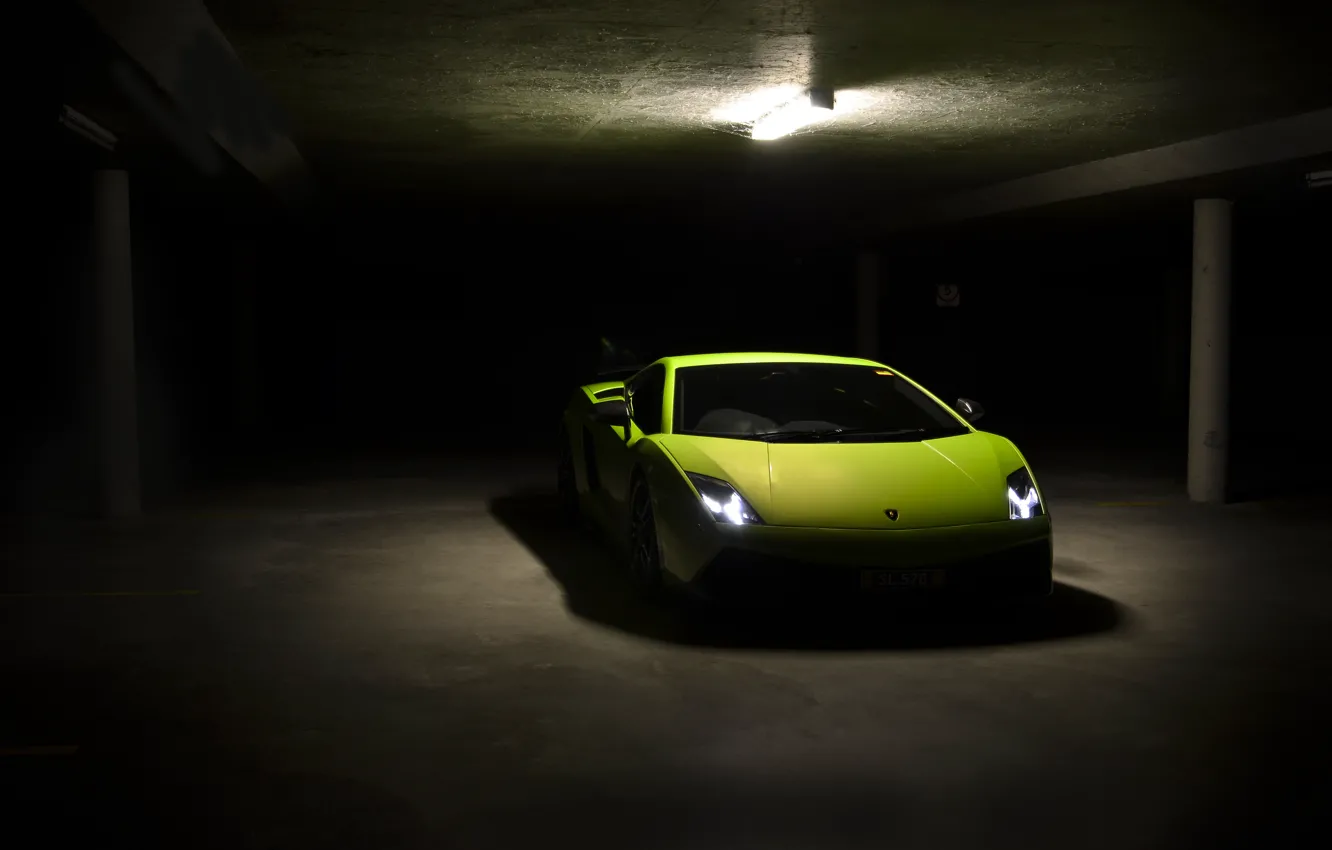 Photo wallpaper green, green, Parking, gallardo, lamborghini, front view, headlights, Lamborghini
