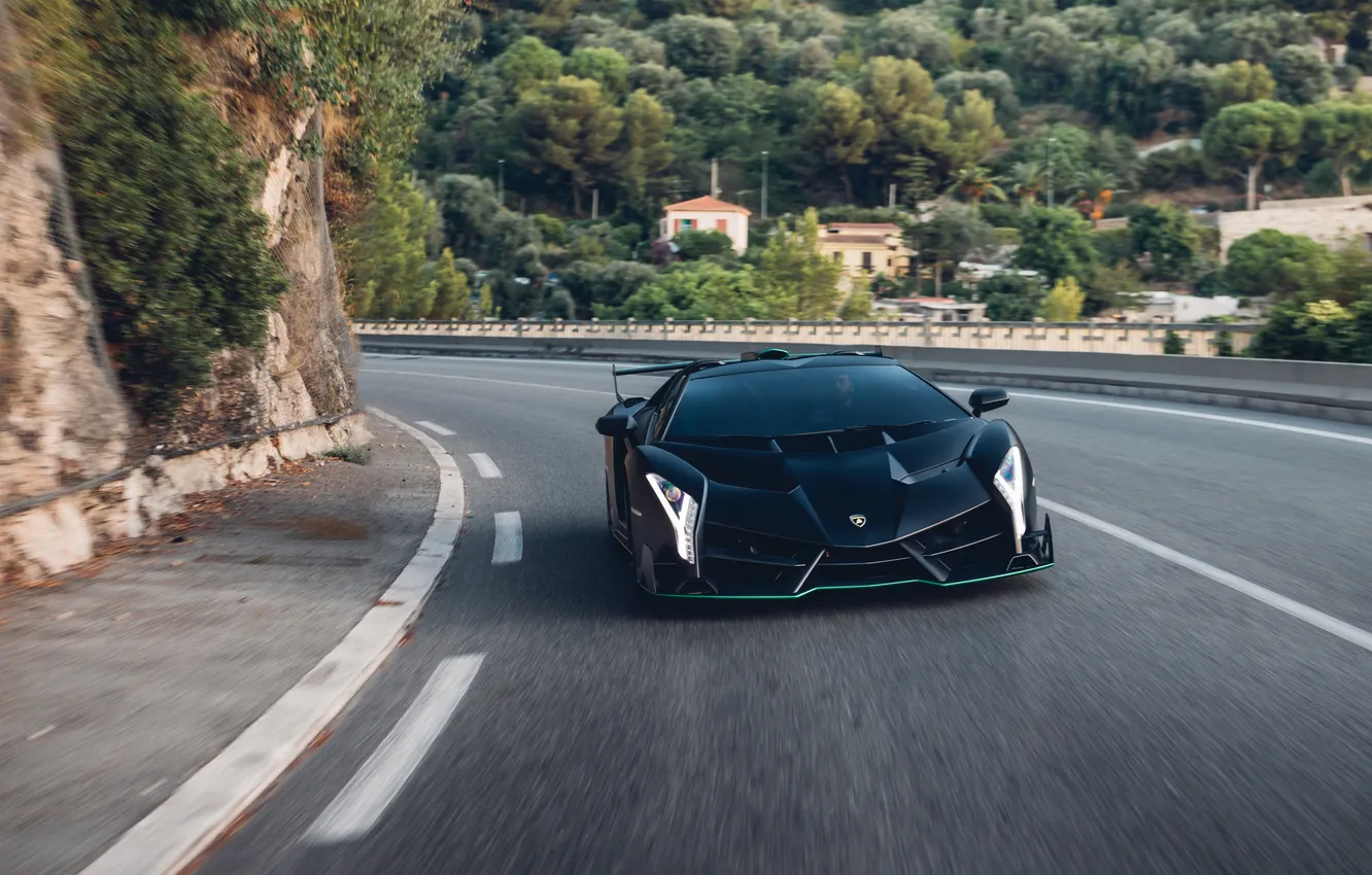Photo wallpaper Roadster, speed, Lamborghini, highway, supercar, Supercar, 2014, Veneno