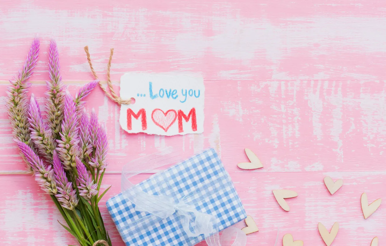Photo wallpaper love, flowers, gift, heart, love, wood, pink, flowers