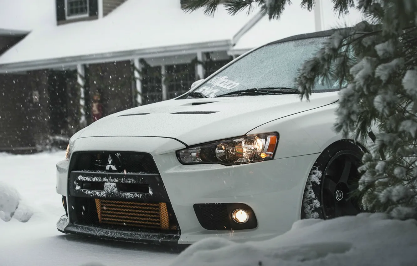 Photo wallpaper Mitsubishi, Lancer, house, winter, Evolution X, show