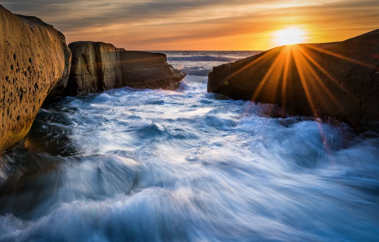 Photo wallpaper sea, wave, the sky, the sun, clouds, rays, light, sunset