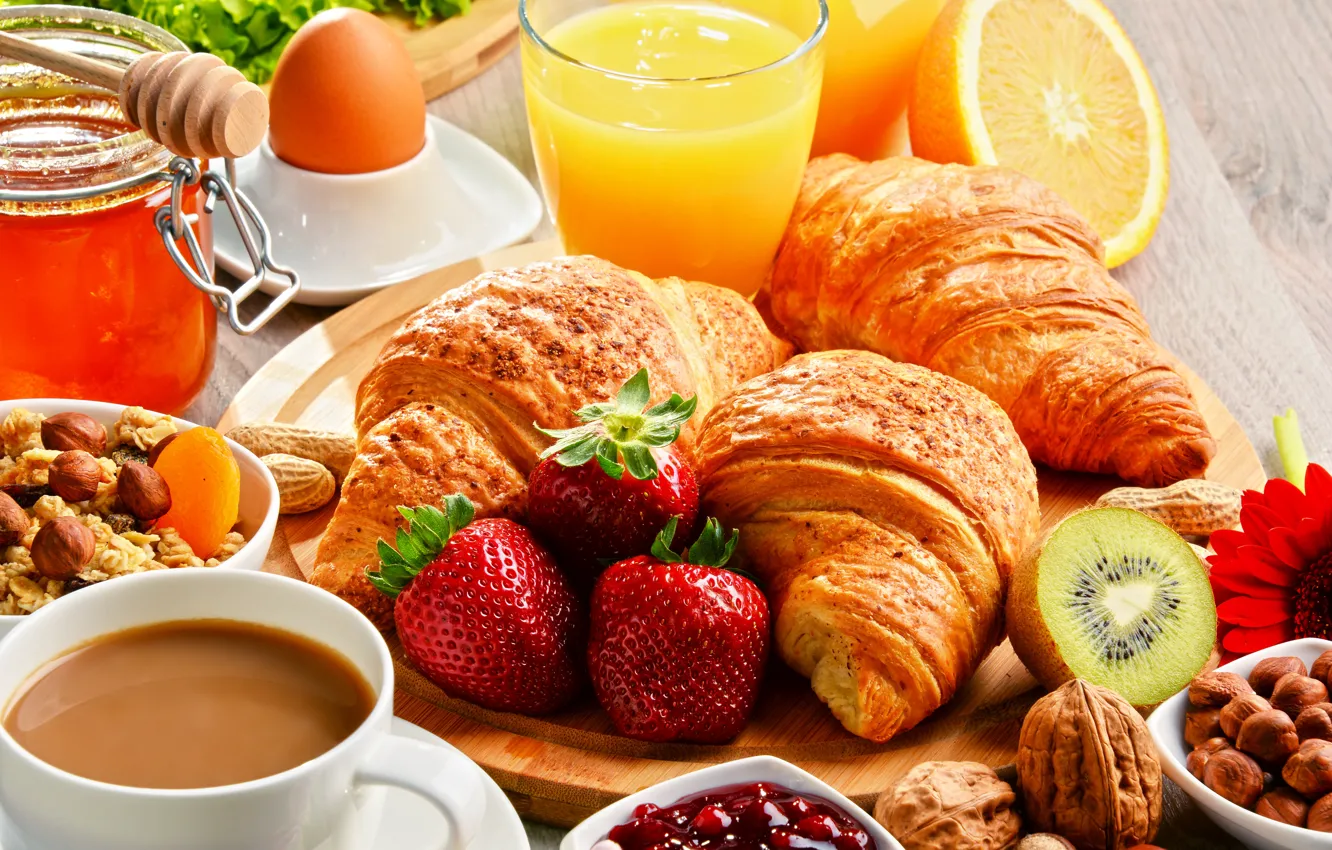 Photo wallpaper glass, coffee, Breakfast, strawberry, juice, still life, croissant
