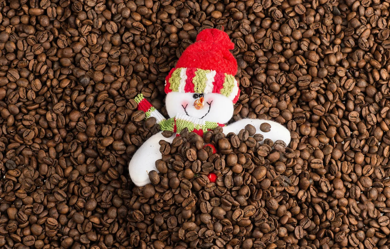 Photo wallpaper winter, smile, background, holiday, hat, toy, coffee, Christmas