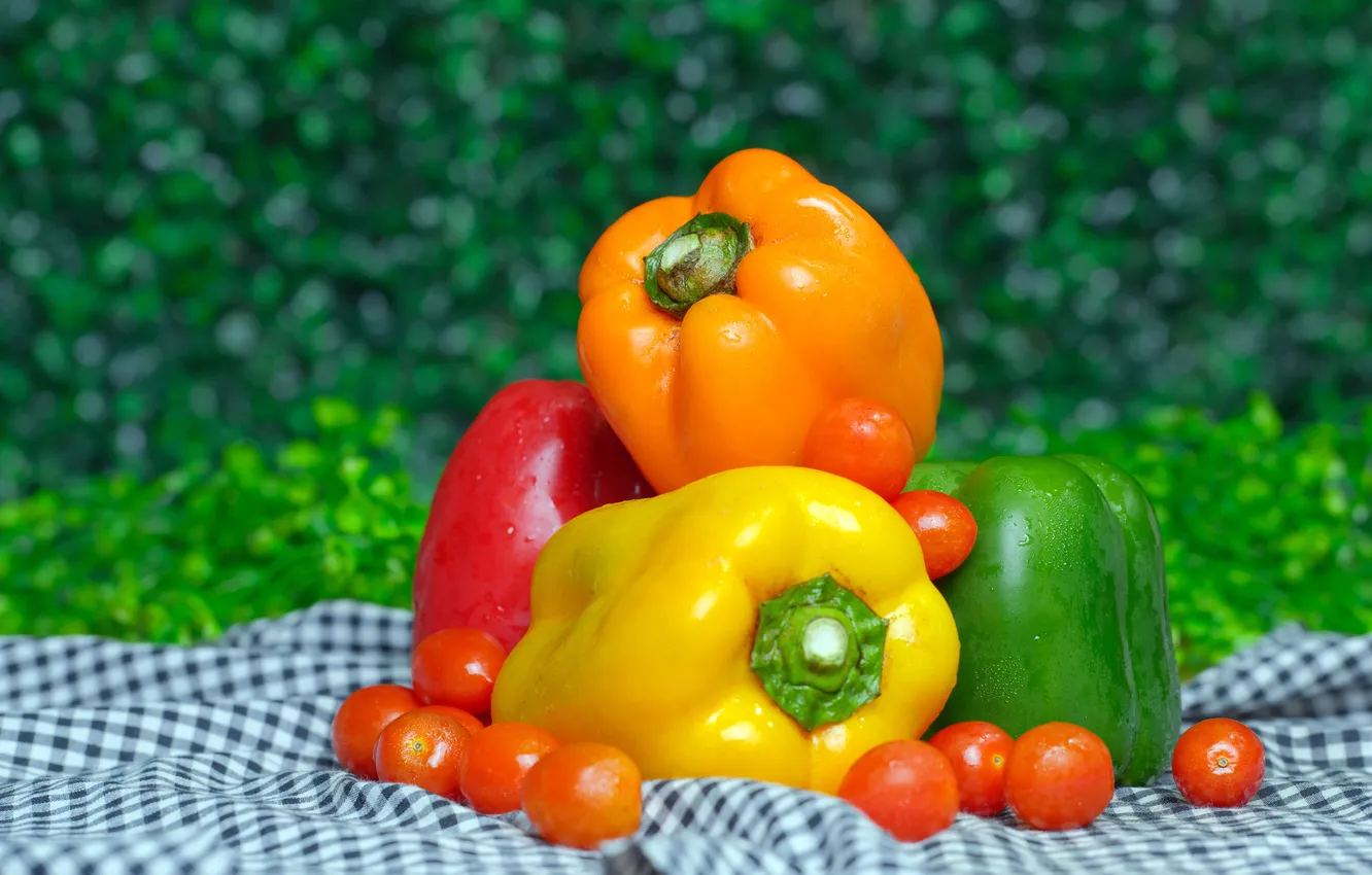 Photo wallpaper summer, yellow, red, nature, green, pepper, vegetables, tomatoes