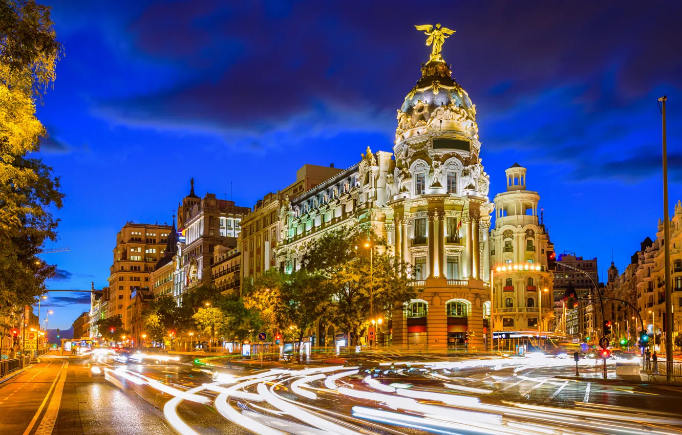 Photo wallpaper night, street, excerpt, Spain, night, Spain, Madrid, Calle de Alcalá, Gran Vía