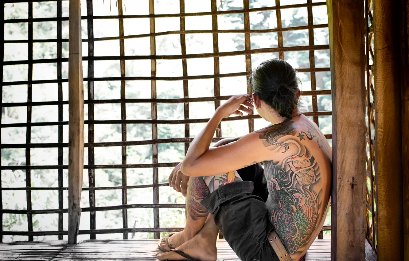 Photo wallpaper window, tattoos, sits, casual, Flip Flops
