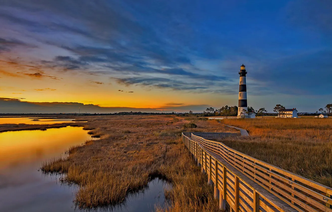 Photo wallpaper clouds, lighthouse, island, glow, USA, North Carolina, The outer banks