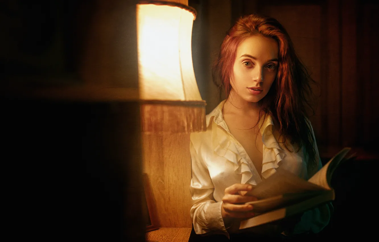 Photo wallpaper Girl, Look, Book, Light, Hair, Blouse, Beautiful, Red