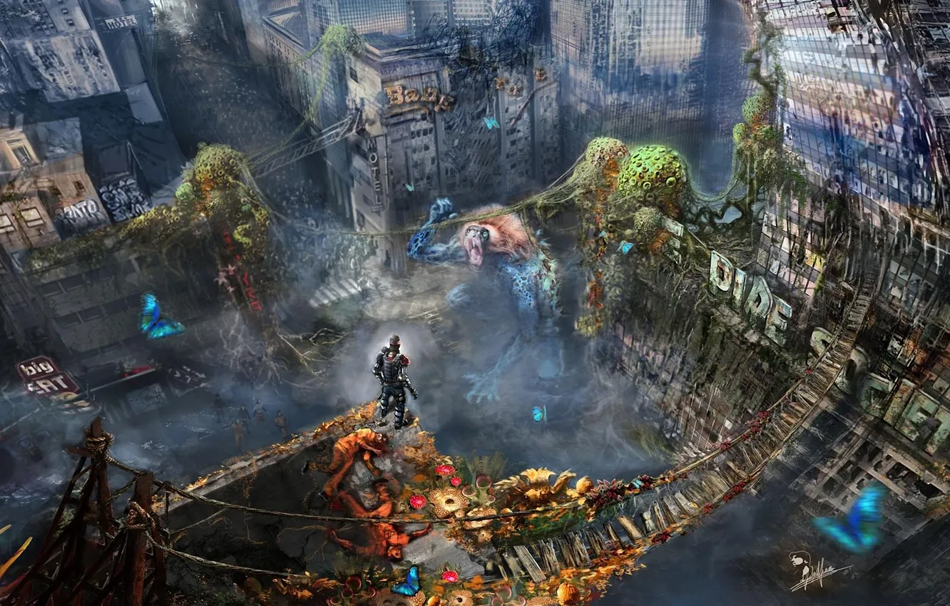 Photo wallpaper bridge, the city, the crowd, people, monster, art, ruins, abandonment