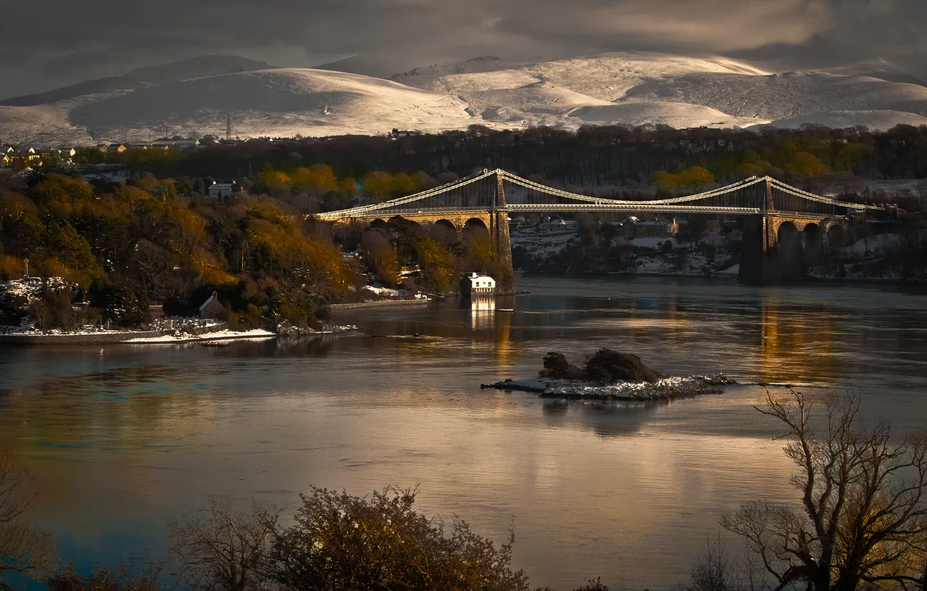 Photo wallpaper mountains, bridge, the city, river