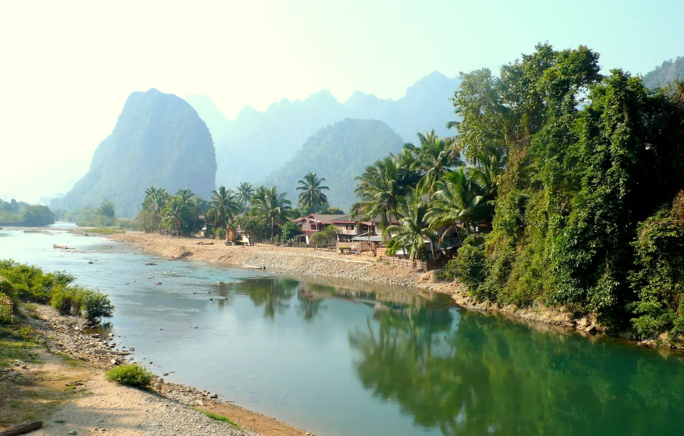 Photo wallpaper fog, tropics, river, palm trees, hills, village, settlement, Laos