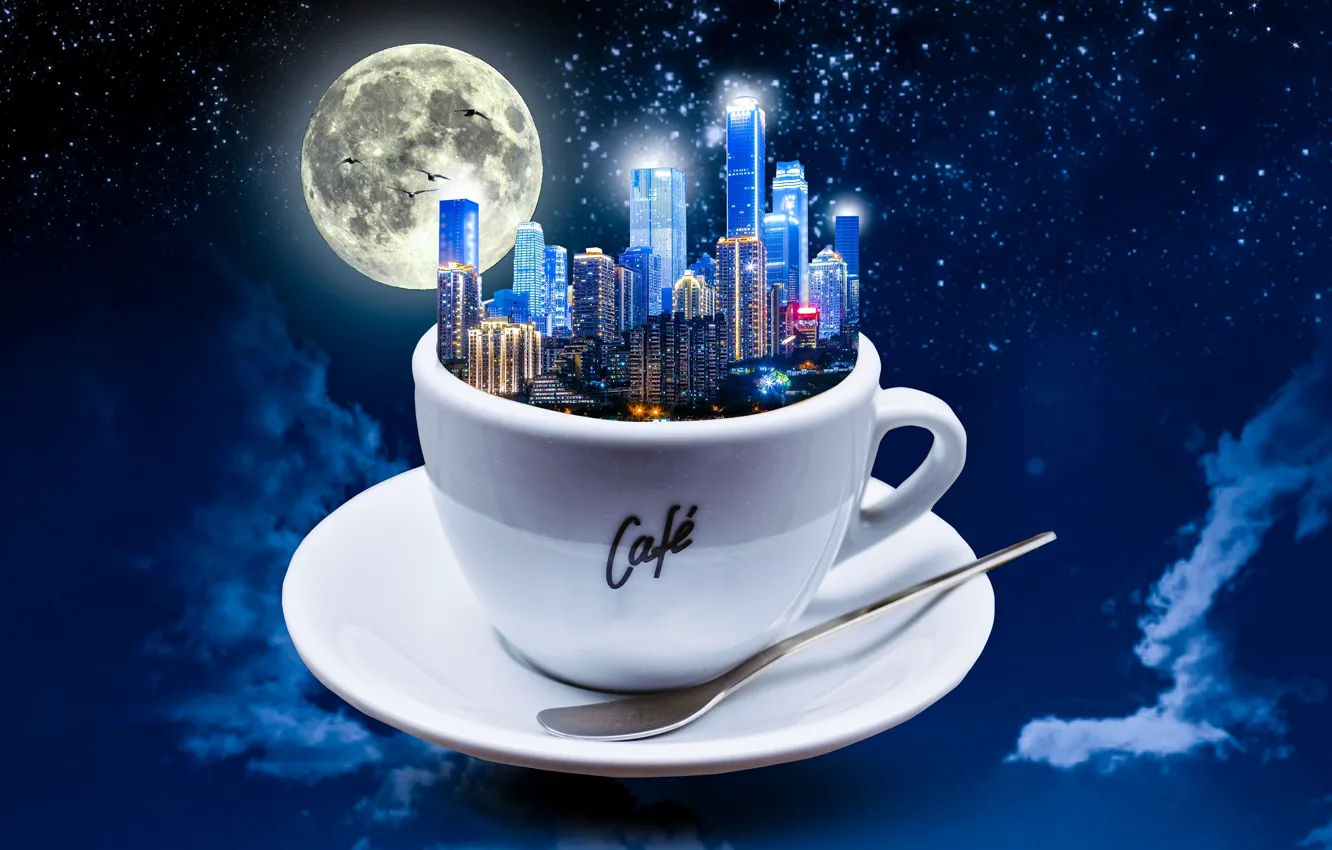 Photo wallpaper stars, light, night, the city, lights, rendering, bird, the moon