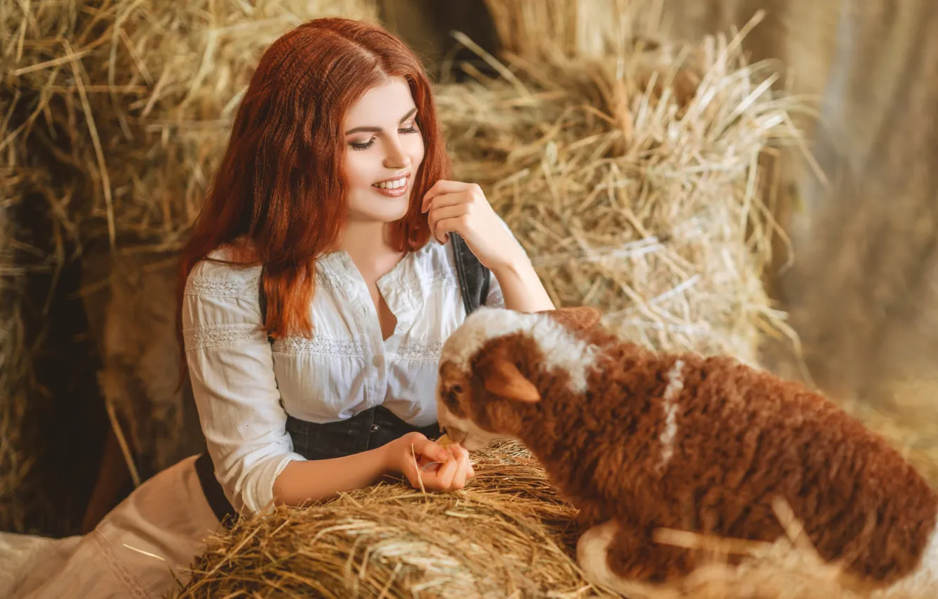 Photo wallpaper girl, smile, hay, red, lamb, redhead, sheep, lamb