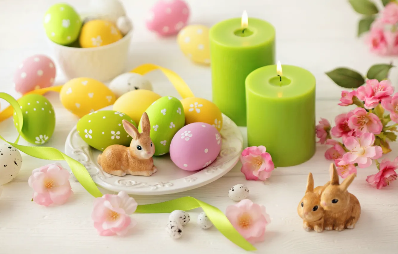 Photo wallpaper flowers, tape, eggs, candles, Easter, rabbits, flowers, Easter