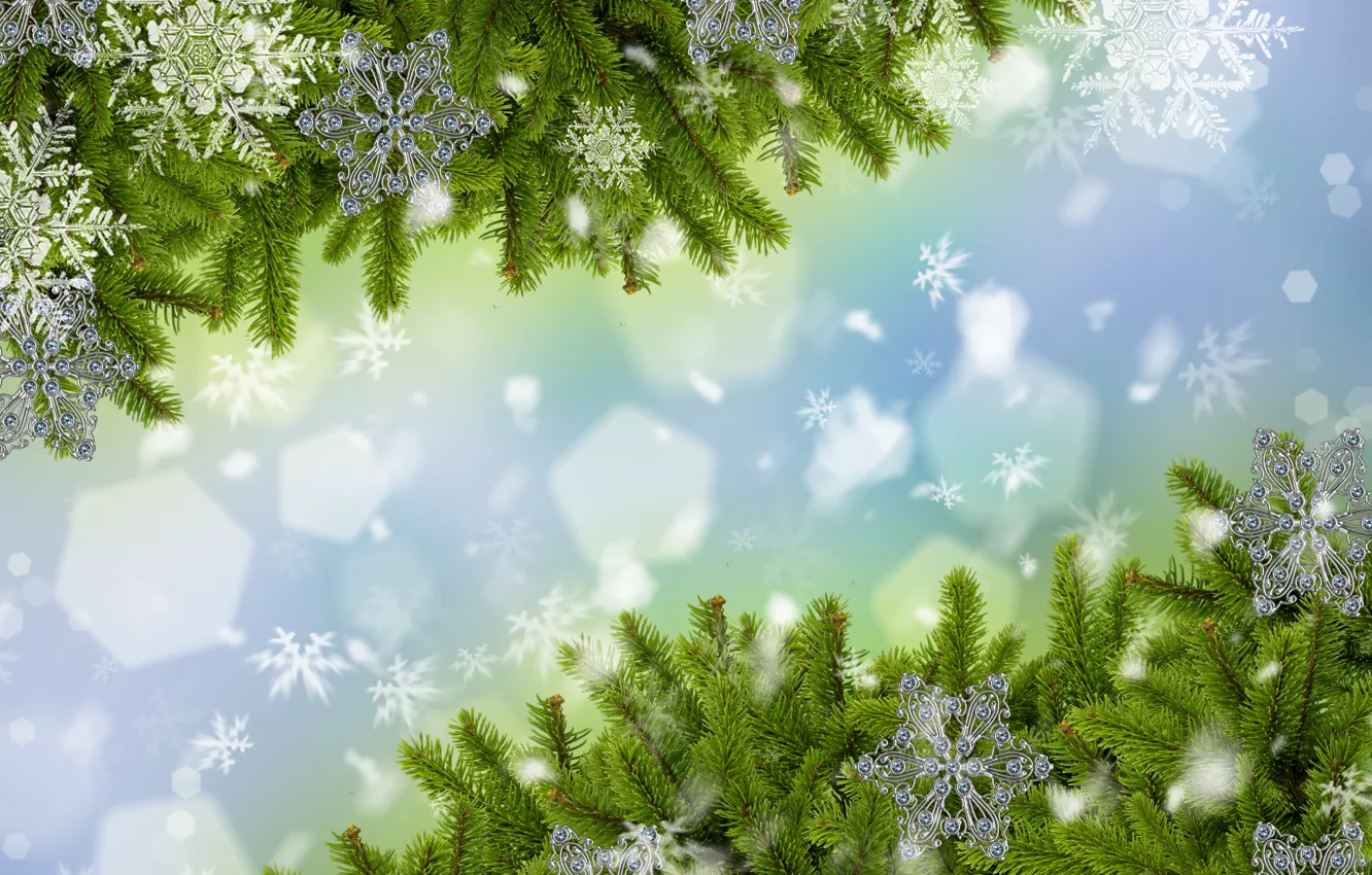 Photo wallpaper snow, snowflakes, branches, tree