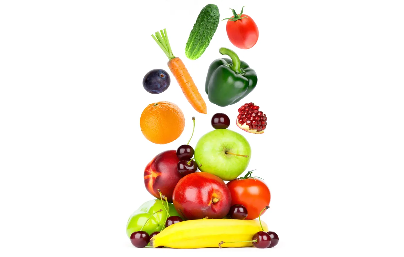 Photo wallpaper cherry, apples, orange, bananas, white background, pepper, fruit, vegetables