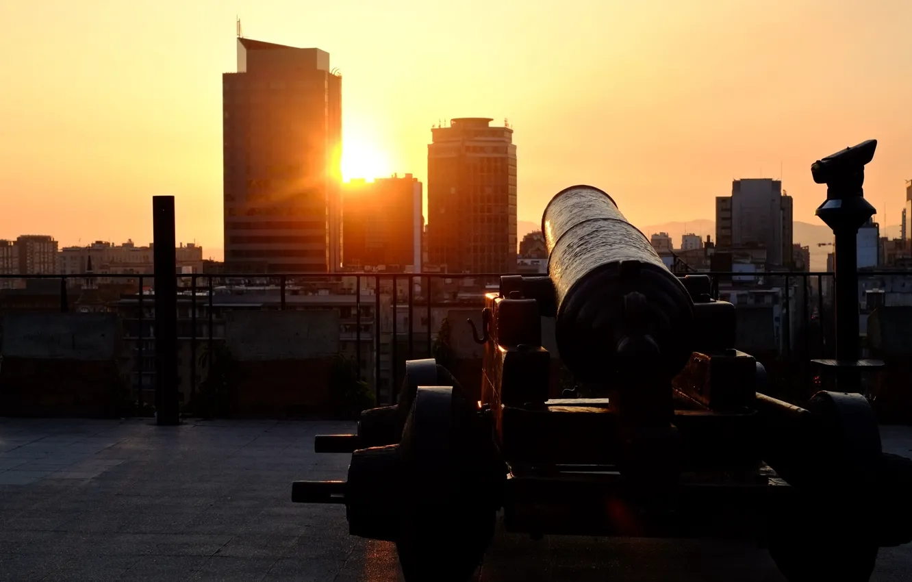 Photo wallpaper the sky, the sun, sunset, home, gun, Chile, mount Santa lucía, Santiago