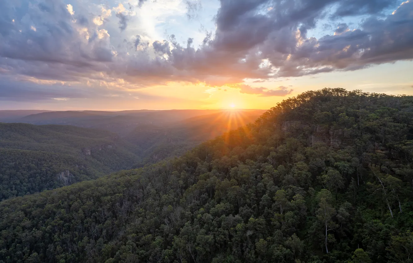 Photo wallpaper sunset, mountains, horizon