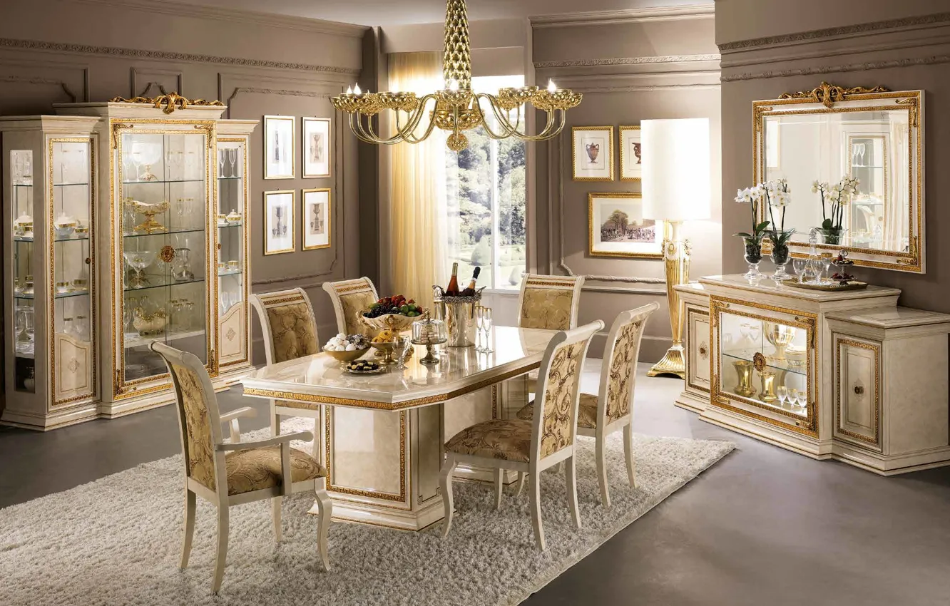 Photo wallpaper design, table, chairs, interior, luxury, living room