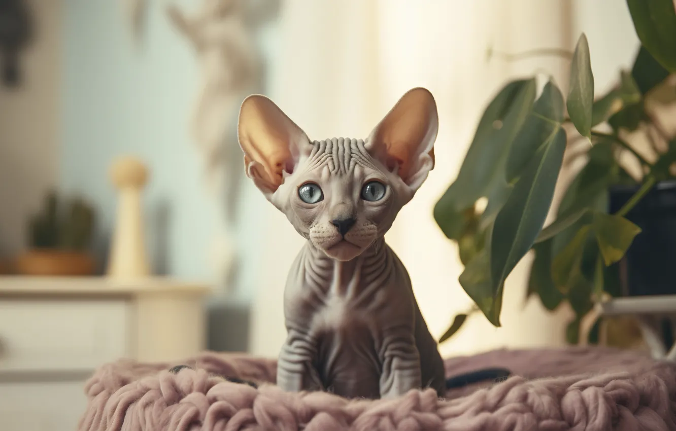 Photo wallpaper cat, look, leaves, pose, grey, room, plant, kitty