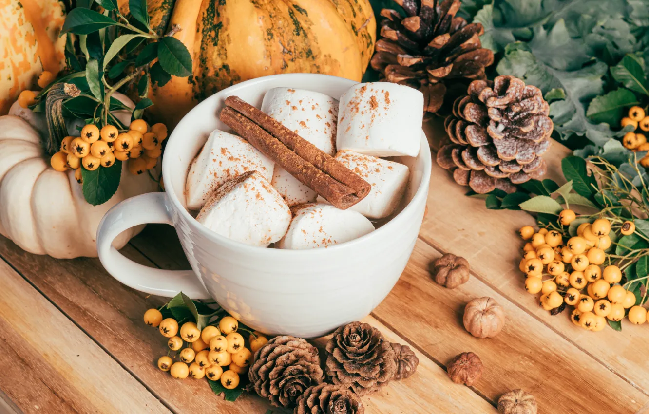 Photo wallpaper berries, Board, fruit, mug, pumpkin, drink, nuts, cinnamon