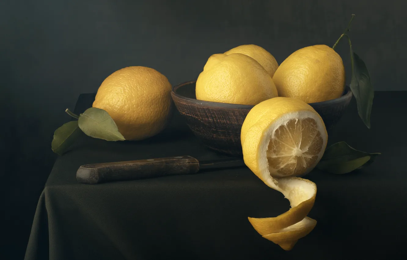 Photo wallpaper lemon, knife, citrus, bowl, still life, Maxim Vyshar