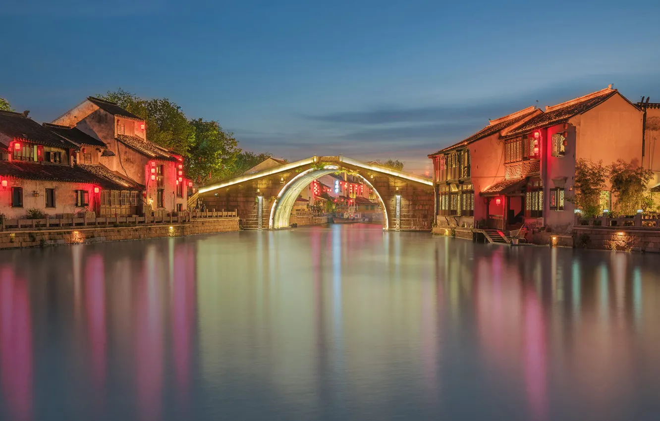 Photo wallpaper bridge, lights, home, China, Wuxi, Qingming Bridge