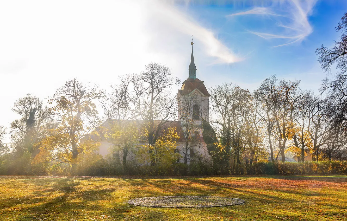 Photo wallpaper autumn, light, nature, temple