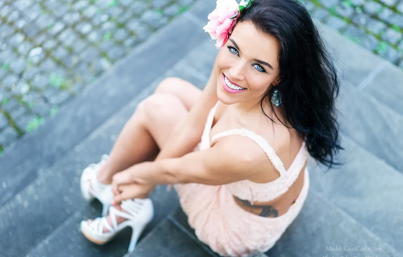 Photo wallpaper look, pose, model, skirt, portrait, makeup, brunette, tattoo