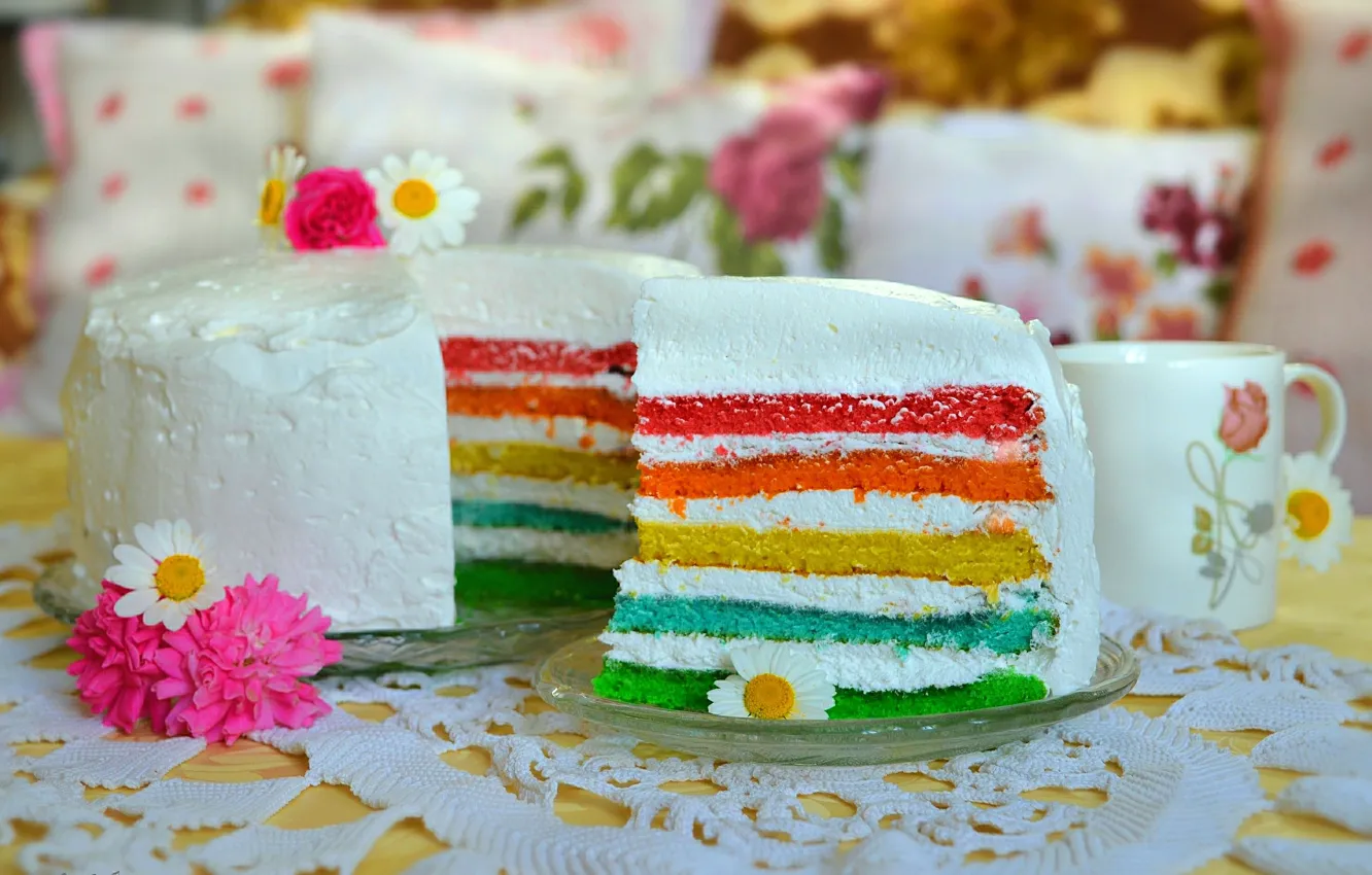 Photo wallpaper Cup, cake, flowers, piece, cake