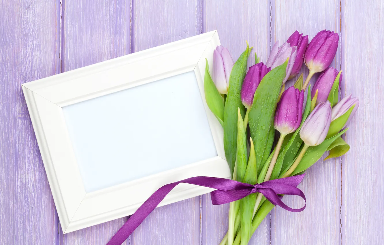 Photo wallpaper flowers, bouquet, frame, tulips, wood, flowers, tulips, postcard