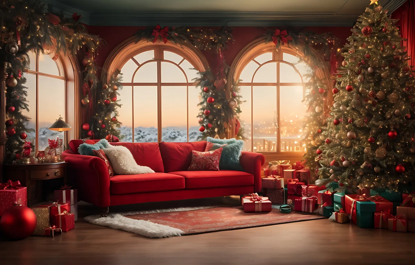 Photo wallpaper decoration, room, gift, tree, new year, interior, Christmas, Christmas