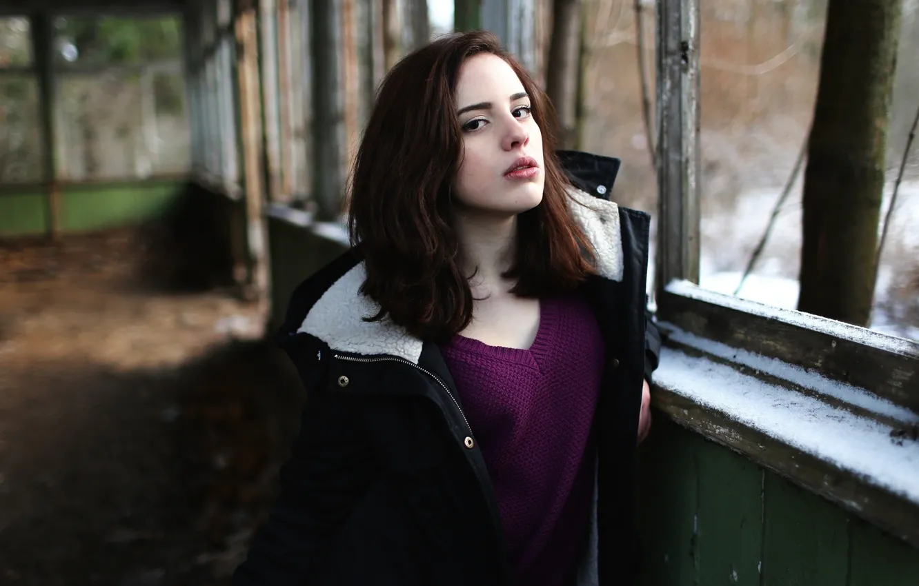 Photo wallpaper women, hair, jacket, abandoned house
