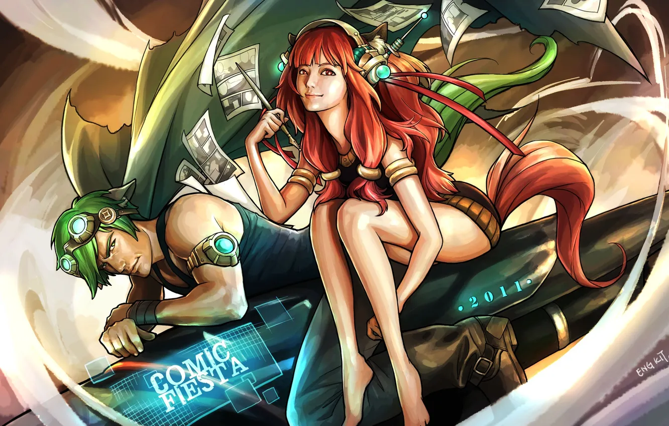 Photo wallpaper girl, headphones, art, glasses, guy, Comic Fiesta