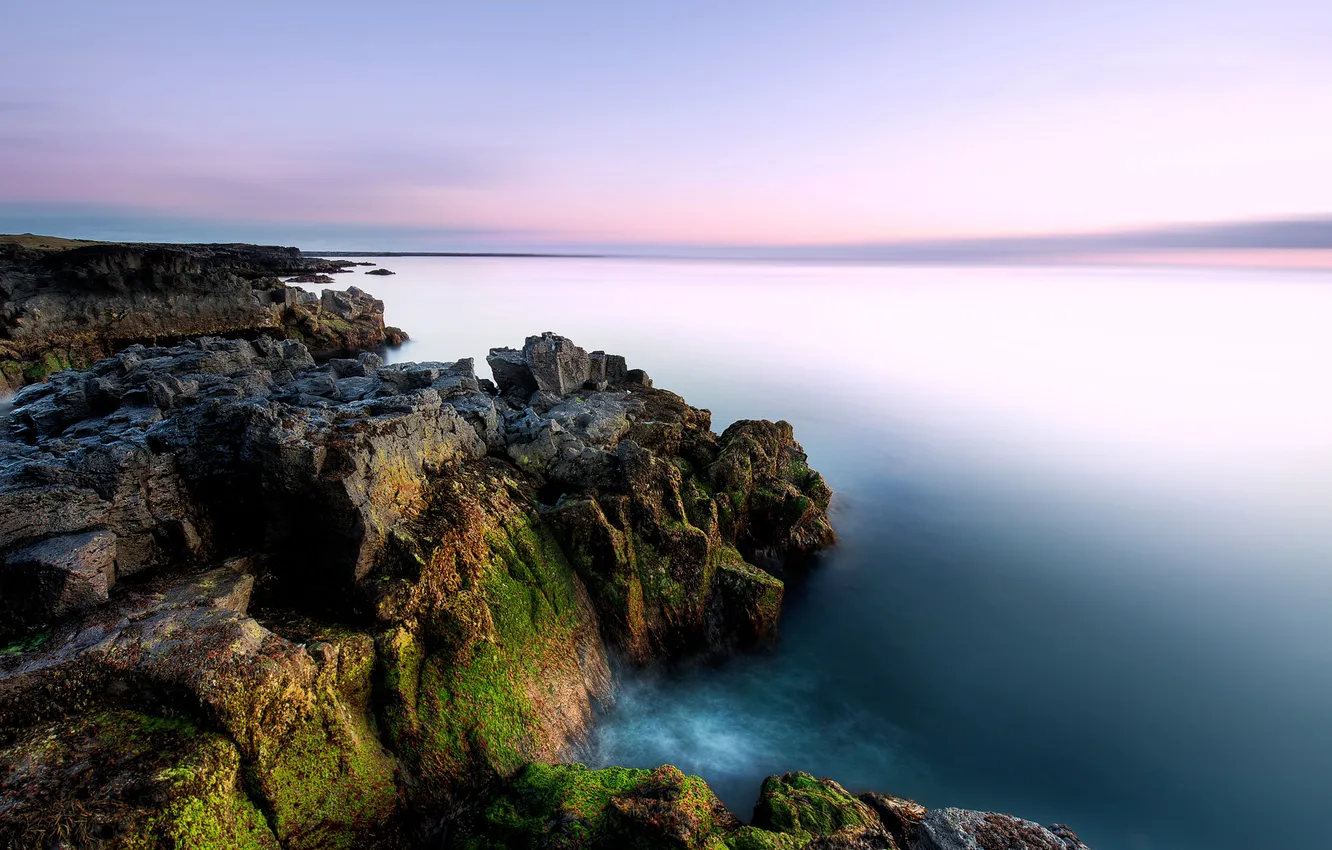 Photo wallpaper sea, sunset, rocks, shore, moss