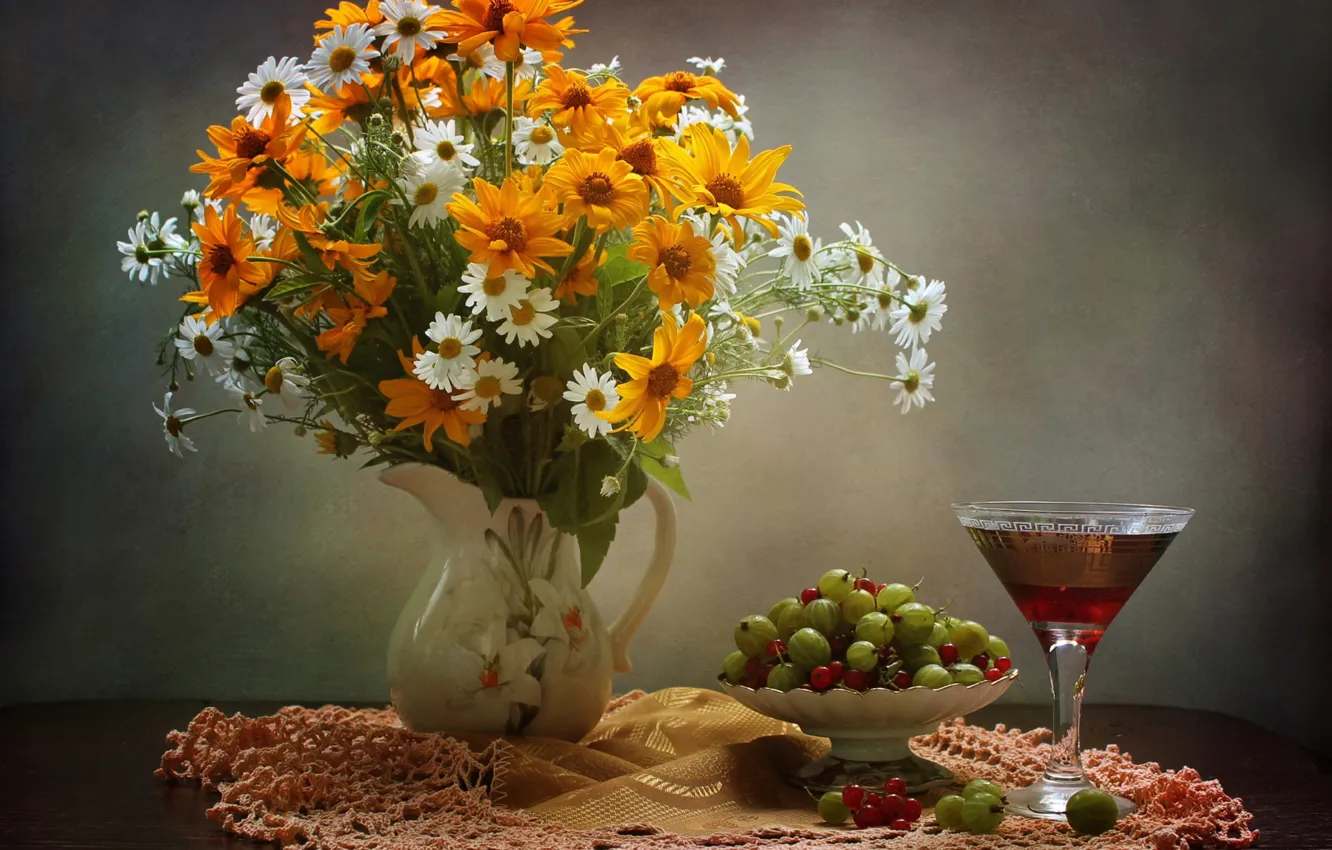 Photo wallpaper wine, glass, chamomile, bouquet, currants, gooseberry, gelenium