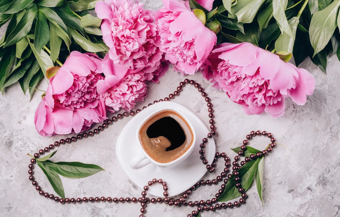 Photo wallpaper coffee, bouquet, Cup, beads, pink, peonies