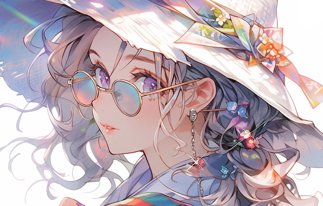 Photo wallpaper decoration, girl, sponge, glasses, straw hat, curly hair, sideways, lilac eyes