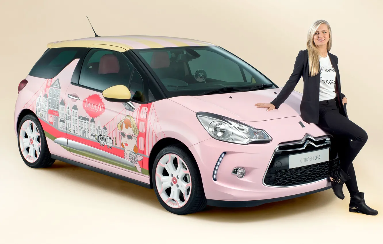 Photo wallpaper look, girl, smile, Girls, Citroen, pink car