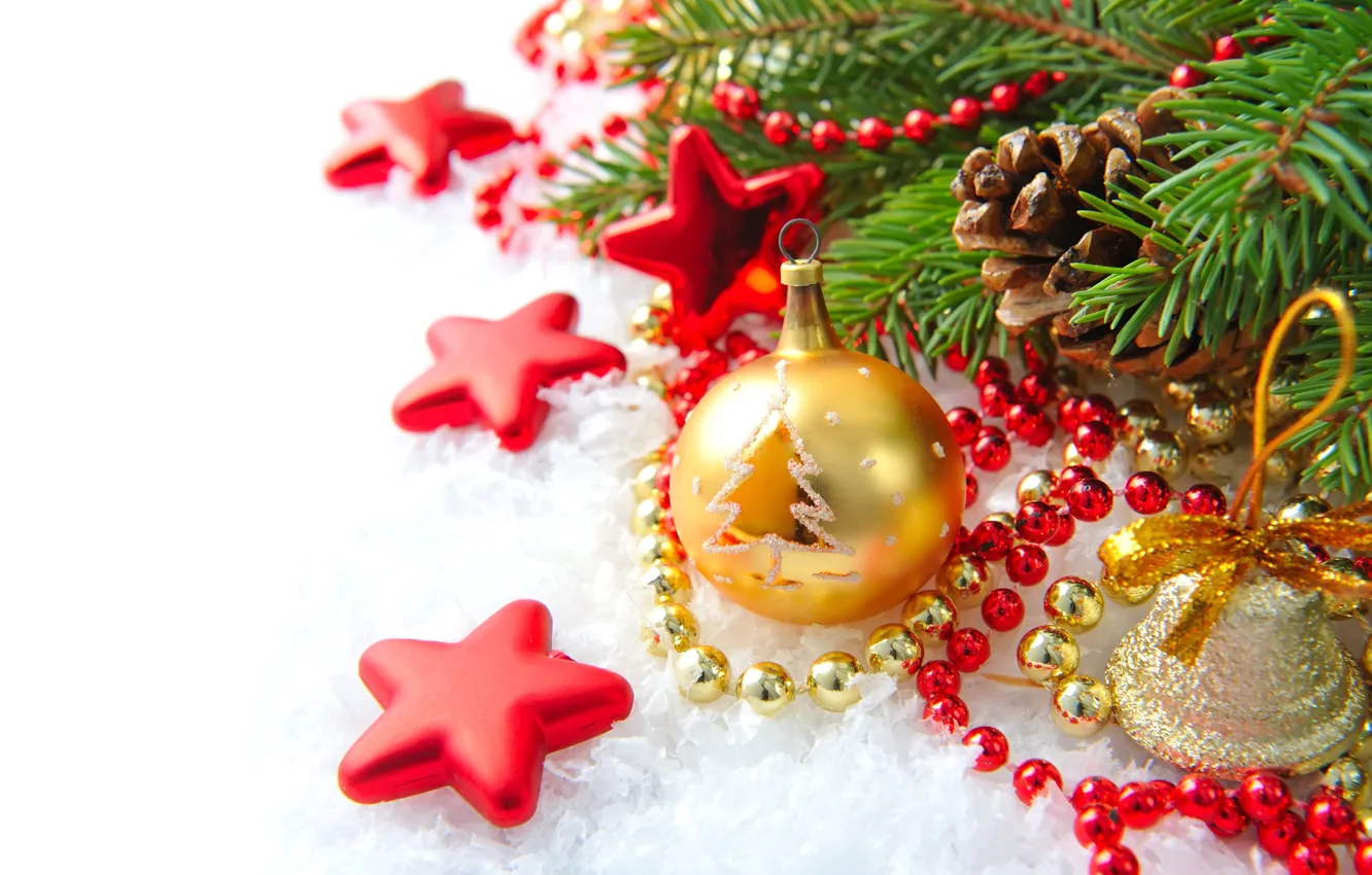 Photo wallpaper snow, branches, tree, beads, bells, stars, bumps, Christmas decorations