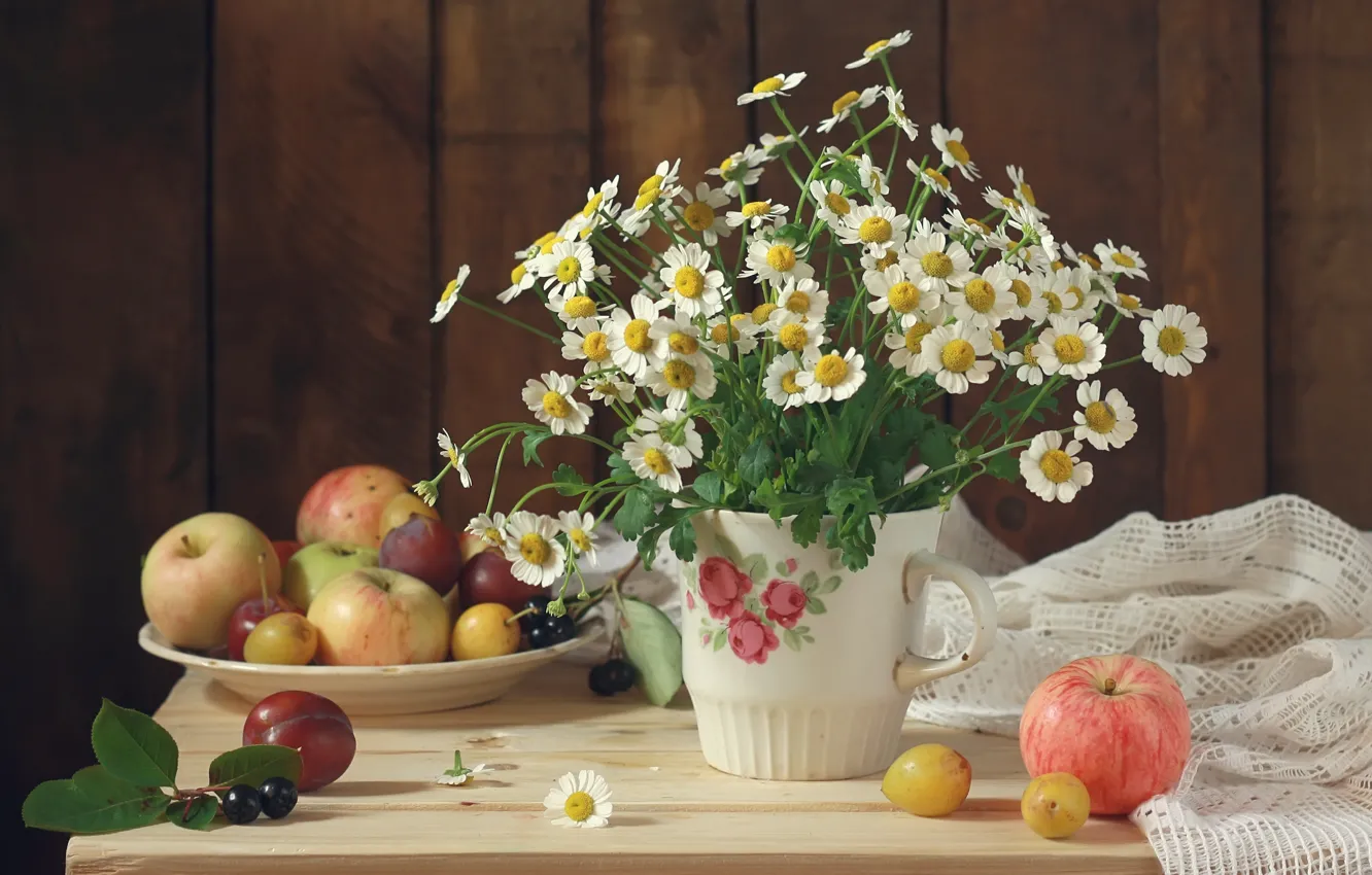 Photo wallpaper flowers, apples, bouquet, fruit, still life, flowers, still life, bouquet