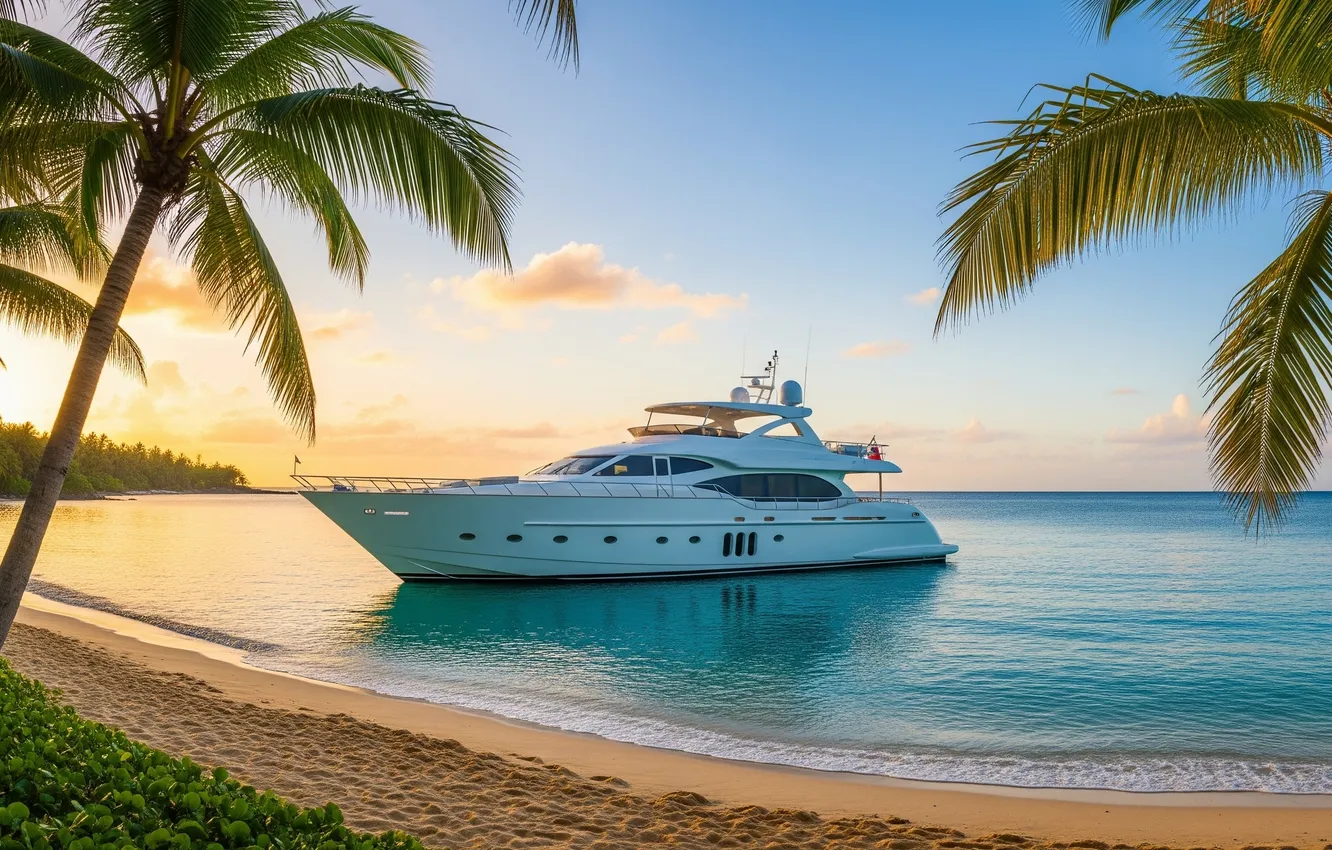Photo wallpaper beach, tropics, palm trees, the ocean, shore, yacht, beach, ocean