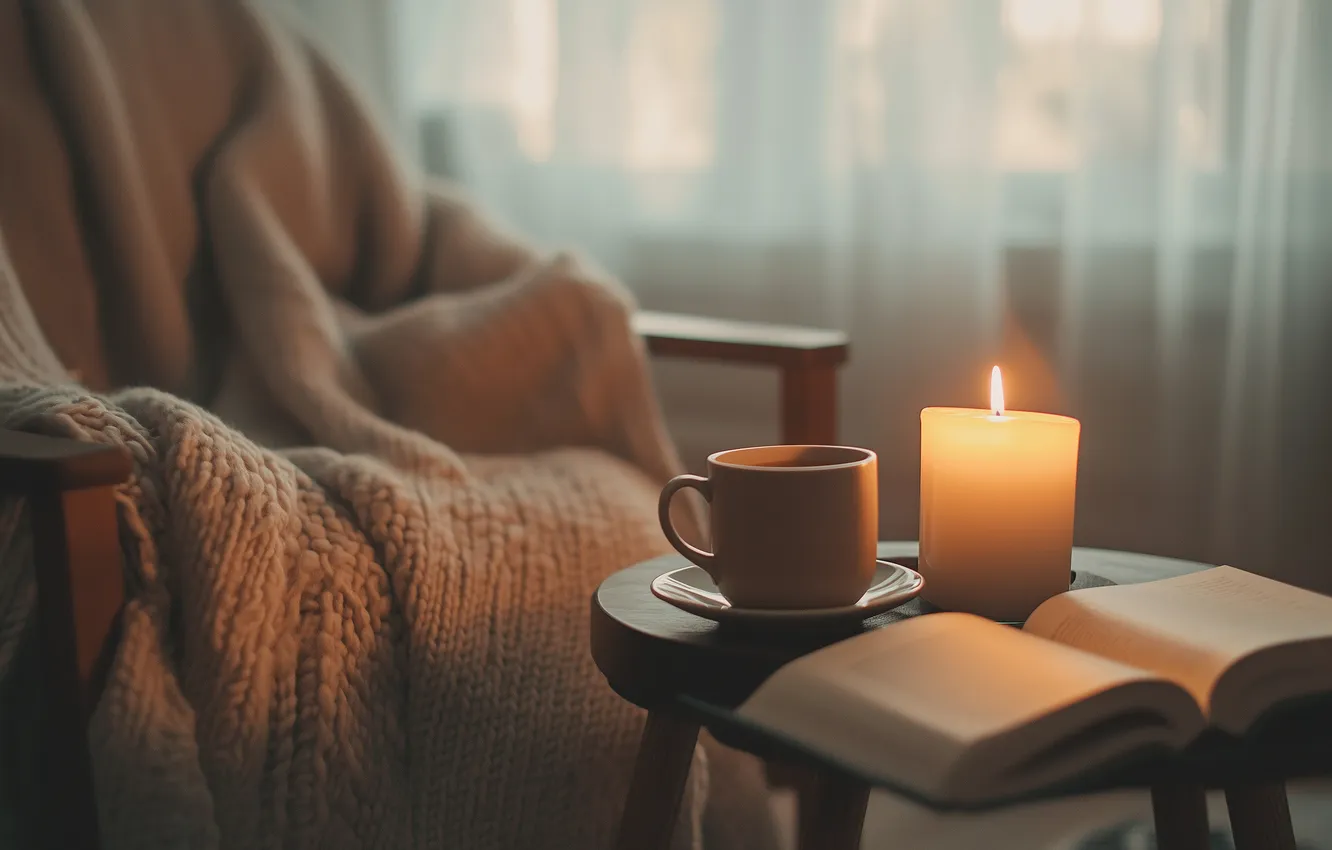 Photo wallpaper comfort, room, coffee, chair, window, Cup, curtains, book