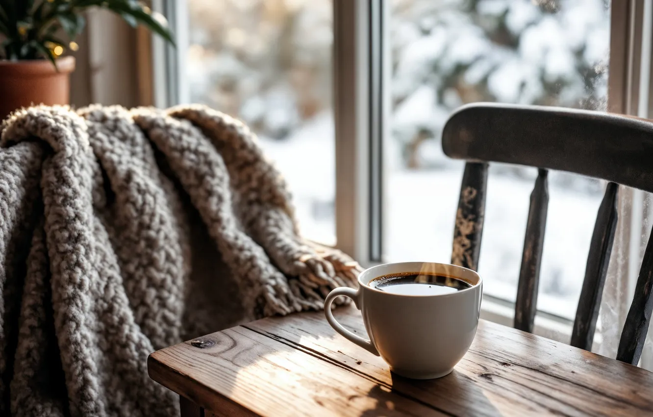 Photo wallpaper winter, glass, light, snow, table, room, Board, frame